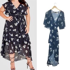 City Chic Navy Floral High Low True Wrap Dress 18 Plus Waterfall V Neck Flutter